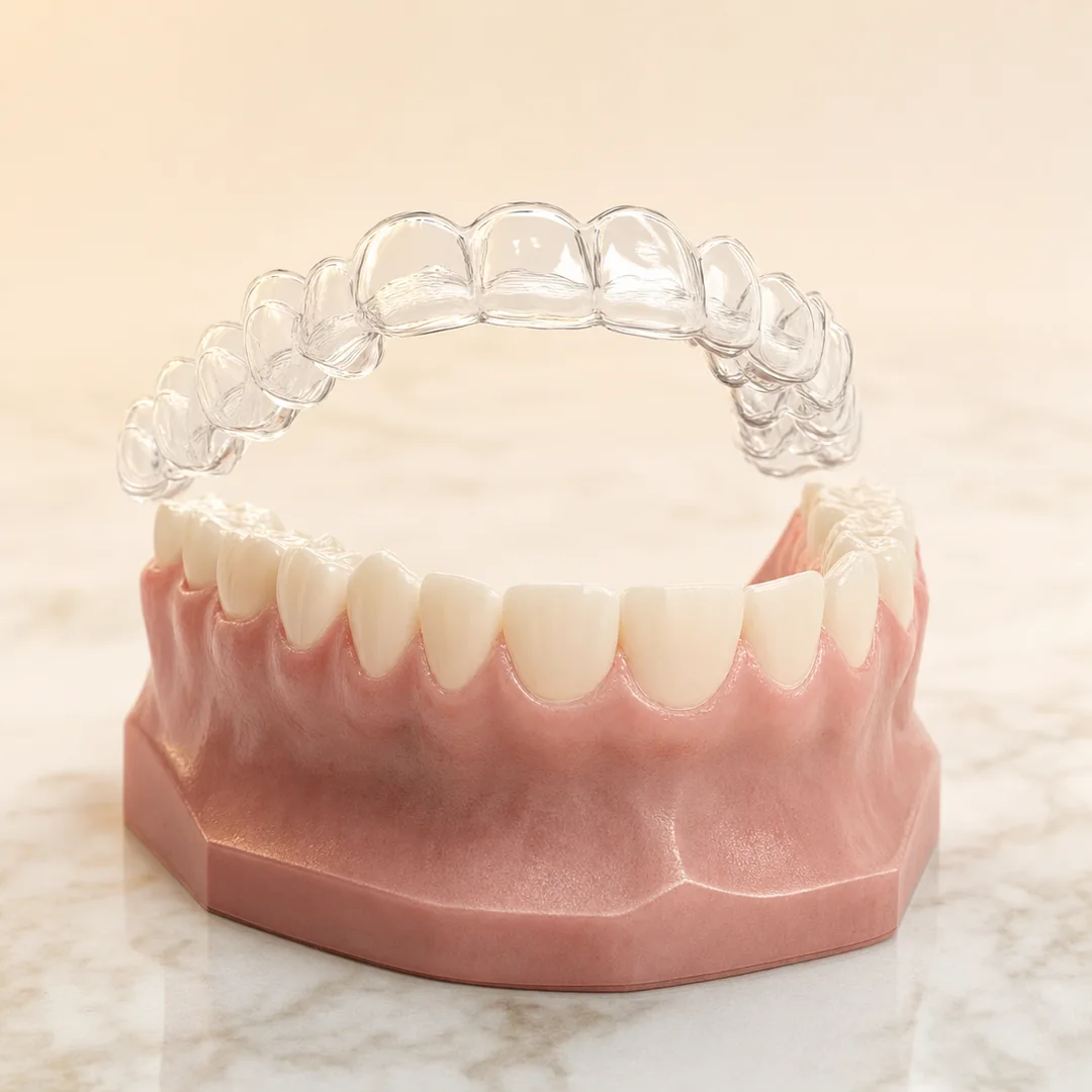 Modelo 3D de um alinhador transparente feito sob medida, logo acima de uma arcada de dentes