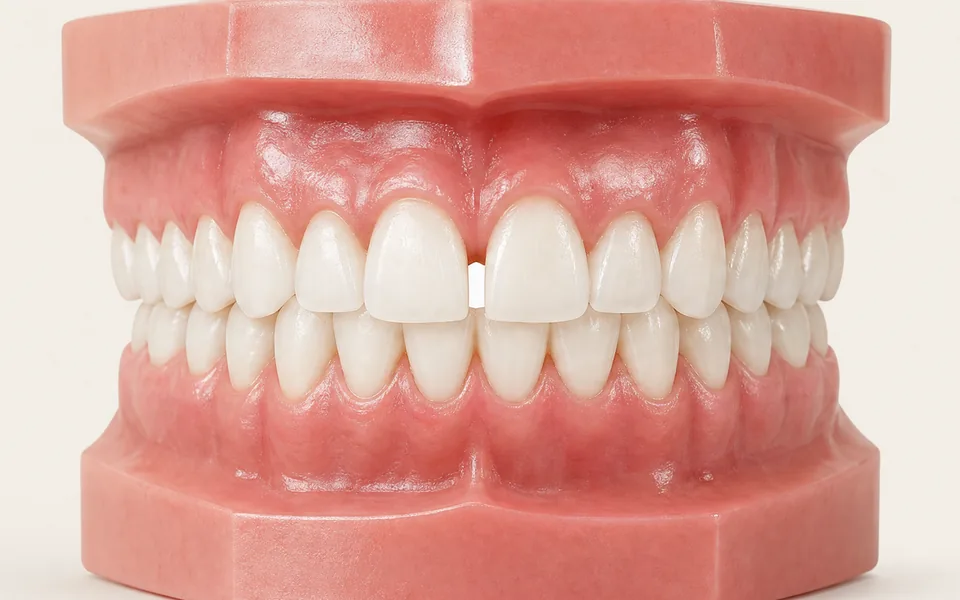 Modelo 3D de arcadas com um espaço entre os dois dentes da frente de cima
