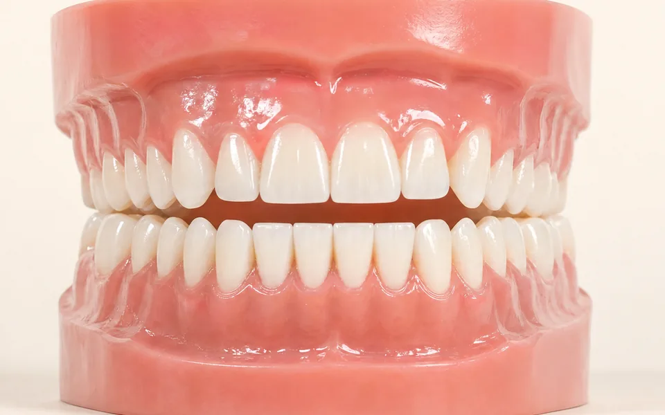 Modelo 3D de arcadas com os dentes de trás encostados e um vão entre os dentes da frente