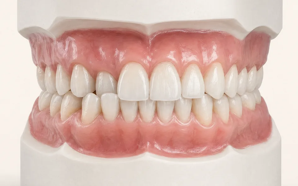 Modelo 3D de arcadas fechadas com um incisivo de cima encaixado por trás dos dentes de baixo