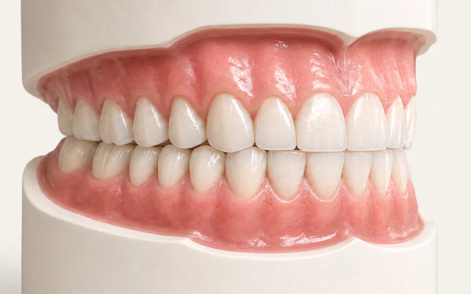 Modelo 3D de arcadas fechadas com os dentes da frente de cima e de baixo se encontrando ponta com ponta