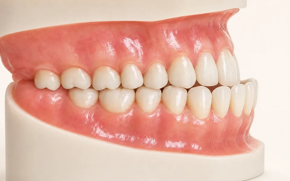 Modelo 3D de arcadas vistas de lado, com os dentes de baixo projetados à frente dos de cima