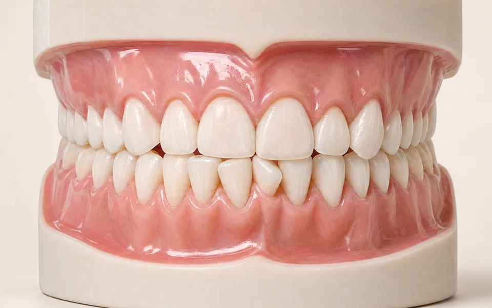Modelo 3D de arcadas quase alinhadas, com dentes de baixo levemente desalinhados de novo