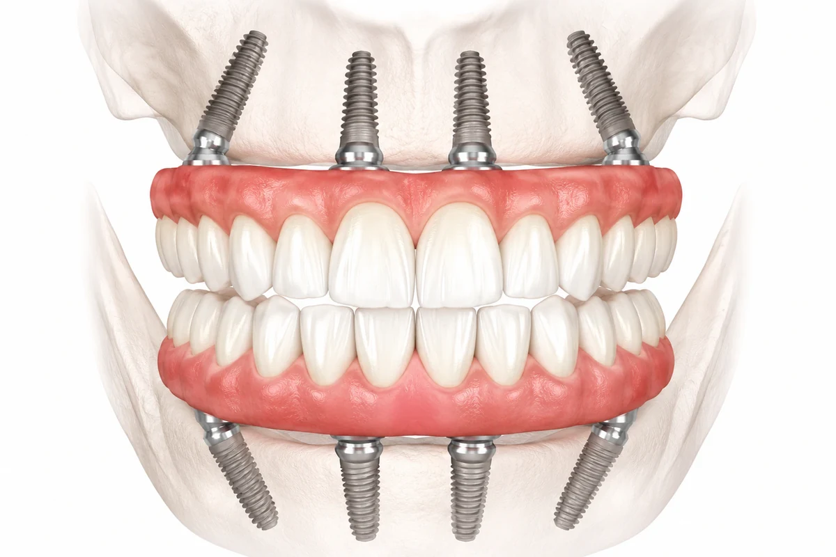Modelo 3D de prótese protocolo: arcadas completas de cima e de baixo, fixas sobre quatro implantes cada