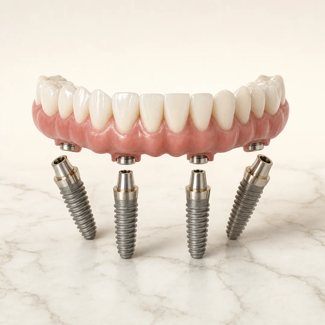 Modelo 3D de prótese protocolo: arcada inferior completa, com dentes e gengiva, sobre quatro implantes de titânio