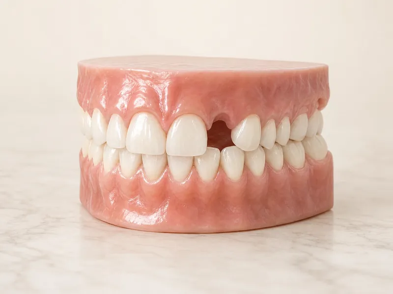 Modelo de arcada dentária com um dente da frente faltando, imagem ilustrativa