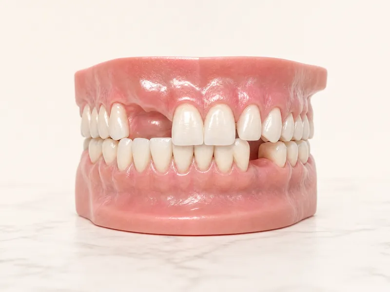 Modelo de arcada dentária com vários dentes faltando nas duas arcadas, imagem ilustrativa