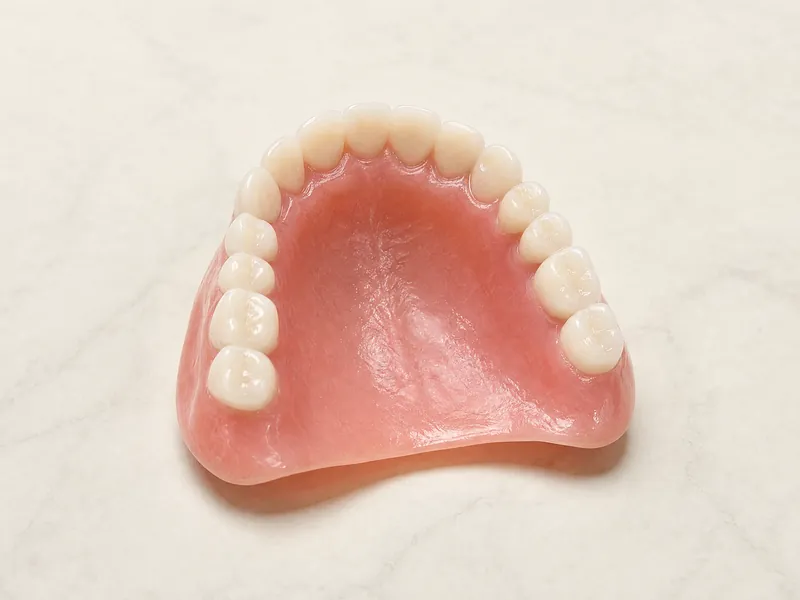 Dentadura superior completa, com a base rosa cobrindo o céu da boca, imagem ilustrativa